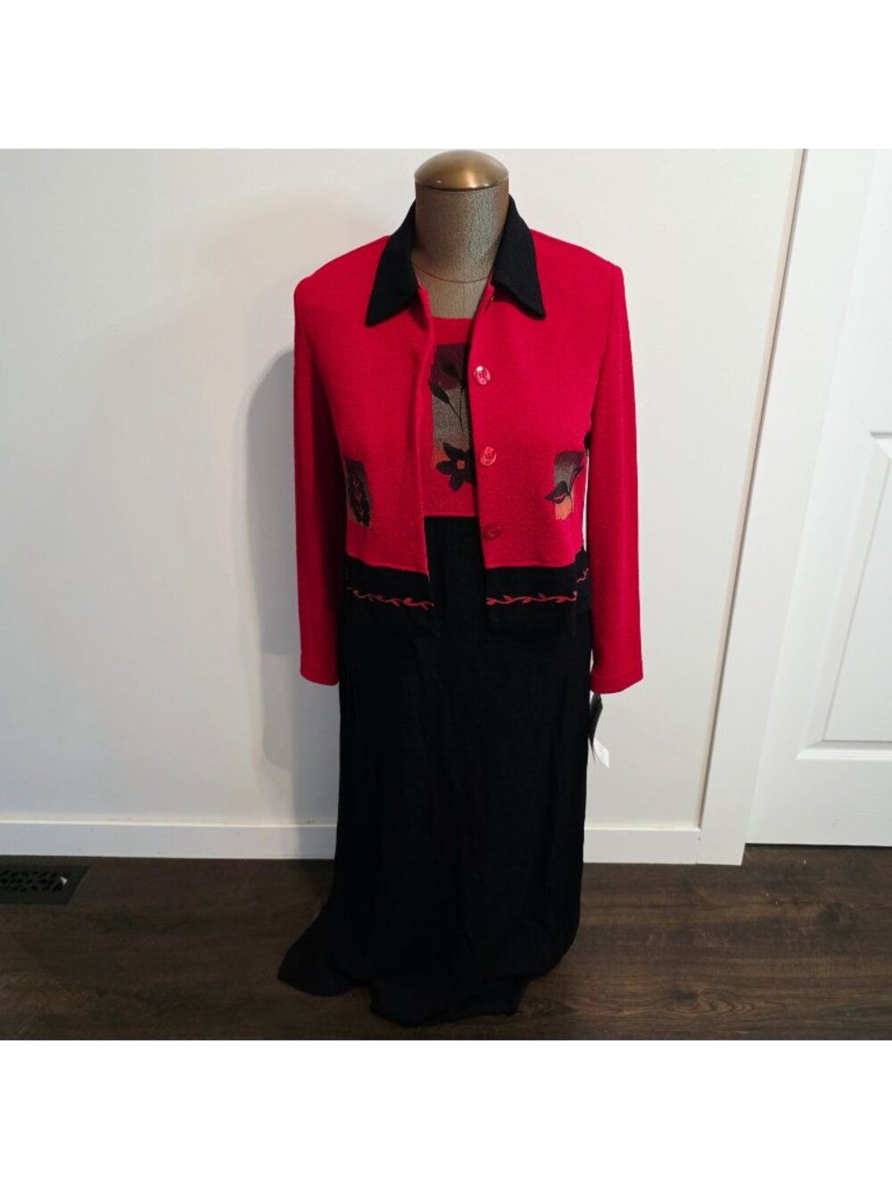 Red Black Fall Floral Jumper Dress Jacket Set Sz 8P Whimsigoth Corporate Chic